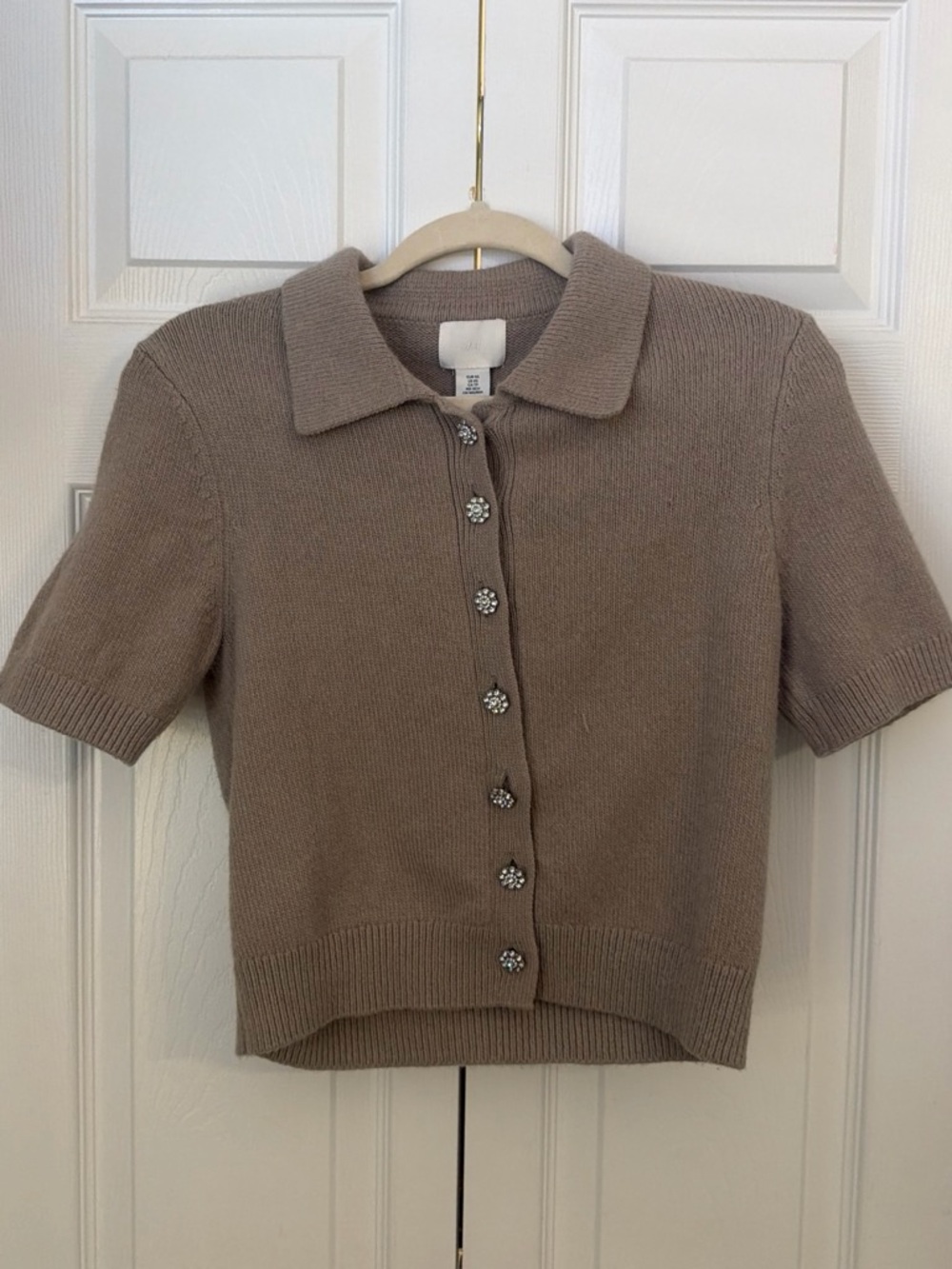H&M Taupe Short Sleeve Polo Cardigan with Rhinestone Buttons